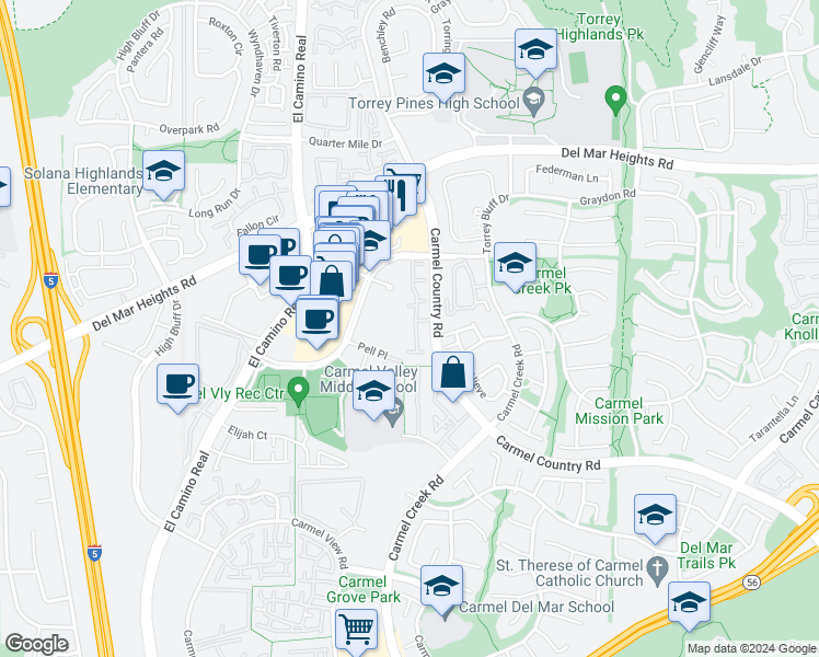 map of restaurants, bars, coffee shops, grocery stores, and more near 12642 Carmel Country Road in San Diego