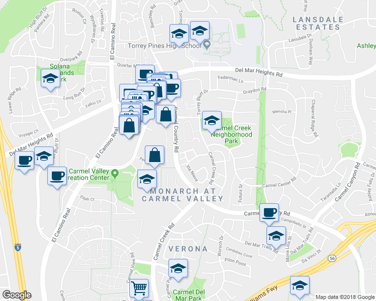 map of restaurants, bars, coffee shops, grocery stores, and more near 4128 Via Candidiz in San Diego