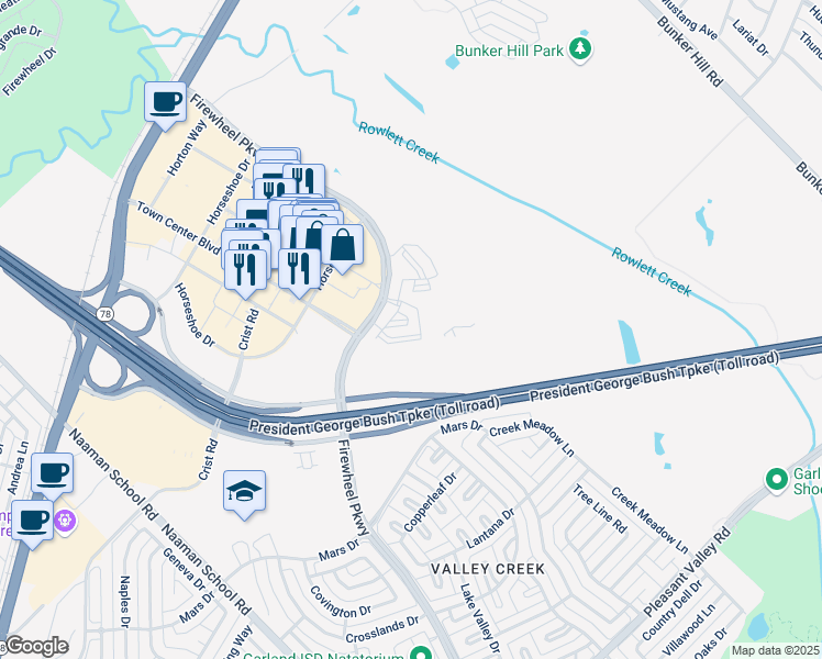 map of restaurants, bars, coffee shops, grocery stores, and more near 3500 Northeast Parkway in Garland