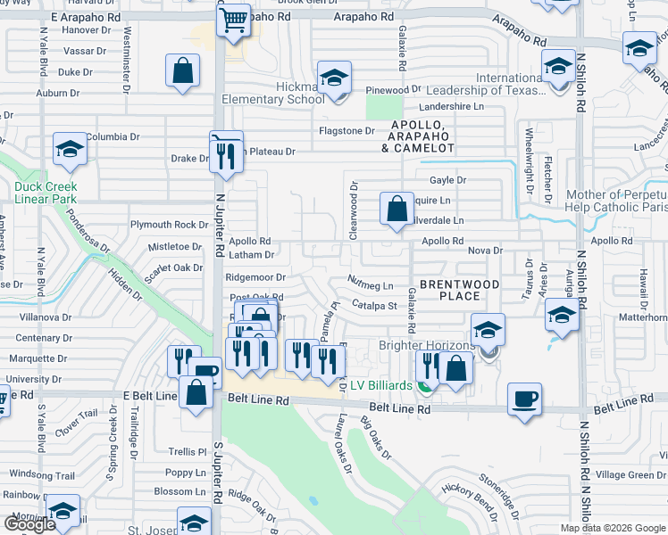 map of restaurants, bars, coffee shops, grocery stores, and more near 3622 Holly Tree Trail in Garland