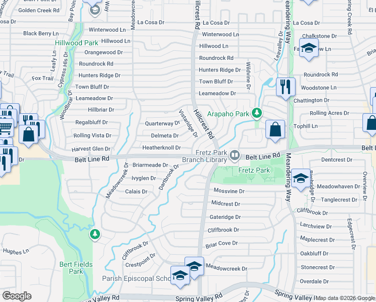 map of restaurants, bars, coffee shops, grocery stores, and more near 6948 Heatherknoll Drive in Dallas