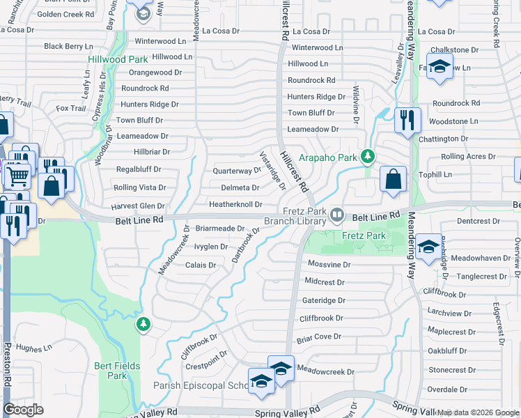 map of restaurants, bars, coffee shops, grocery stores, and more near 6948 Heatherknoll Drive in Dallas