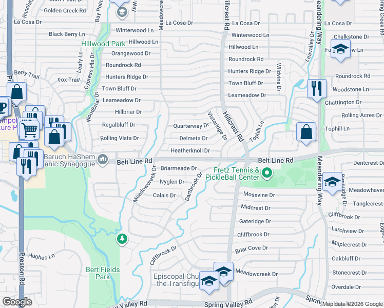 map of restaurants, bars, coffee shops, grocery stores, and more near 6916 Heatherknoll Drive in Dallas