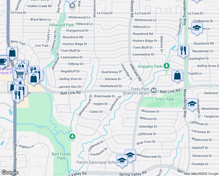 map of restaurants, bars, coffee shops, grocery stores, and more near 6916 Heatherknoll Drive in Dallas