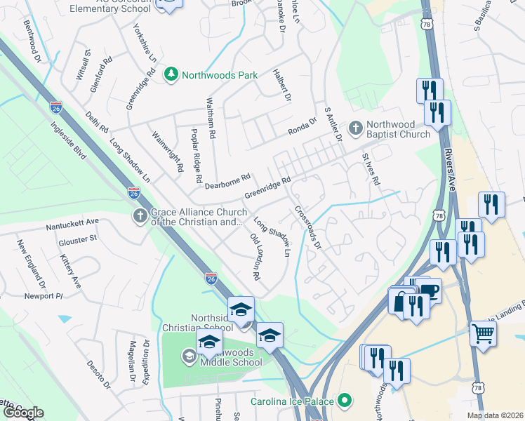 map of restaurants, bars, coffee shops, grocery stores, and more near 2477 Melville Road in North Charleston