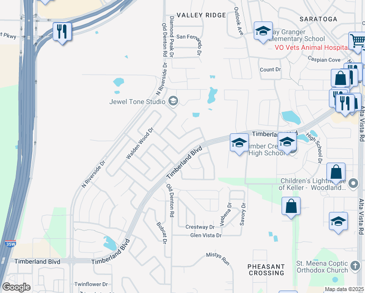 map of restaurants, bars, coffee shops, grocery stores, and more near 12113 Tacoma Ridge Drive in Fort Worth