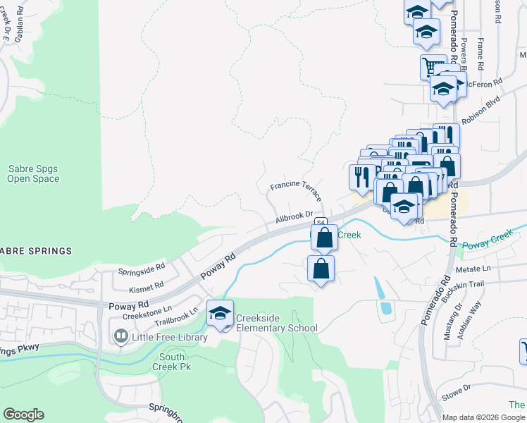 map of restaurants, bars, coffee shops, grocery stores, and more near 12815 Iola Way in Poway