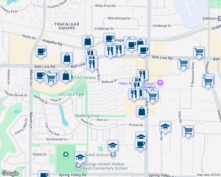 map of restaurants, bars, coffee shops, grocery stores, and more near 4014 Morman Lane in Addison