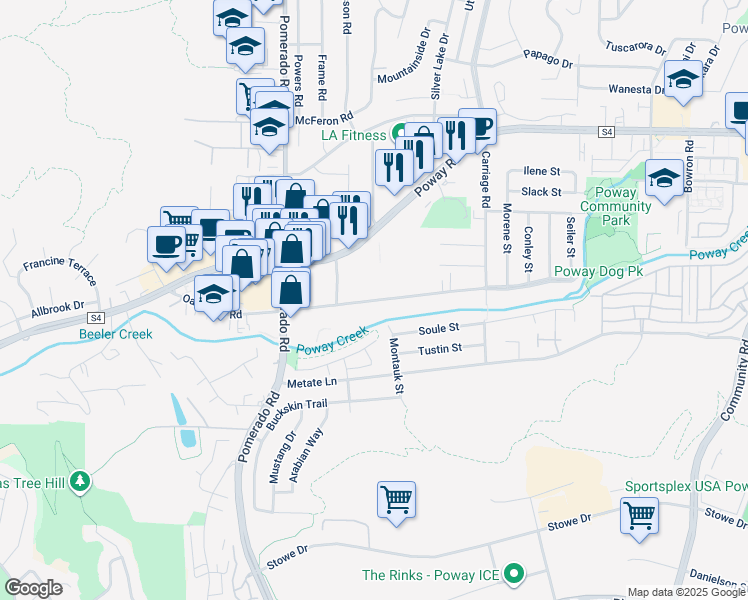 map of restaurants, bars, coffee shops, grocery stores, and more near Oak Knoll Road in Poway