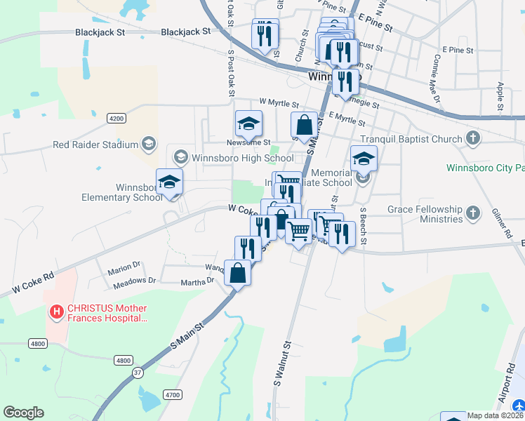 map of restaurants, bars, coffee shops, grocery stores, and more near 204 West Coke Road in Winnsboro