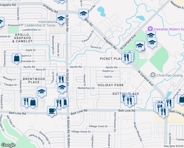 map of restaurants, bars, coffee shops, grocery stores, and more near 3609 Cheyenne Trail in Garland