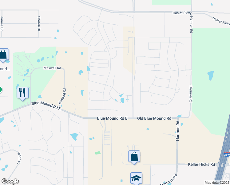 map of restaurants, bars, coffee shops, grocery stores, and more near 801 Blue Mound Road East in Haslet