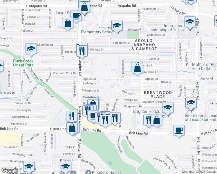 map of restaurants, bars, coffee shops, grocery stores, and more near 3630 Clubview Drive in Garland