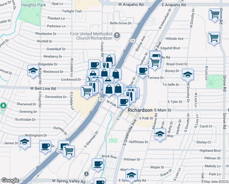 map of restaurants, bars, coffee shops, grocery stores, and more near 300 West Main Street in Richardson