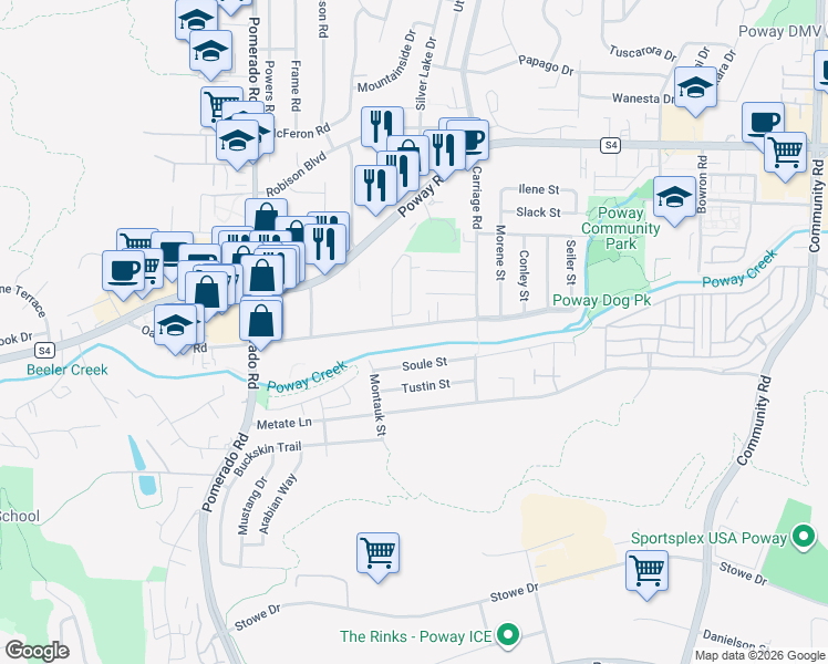 map of restaurants, bars, coffee shops, grocery stores, and more near 12643 Oak Knoll Road in Poway