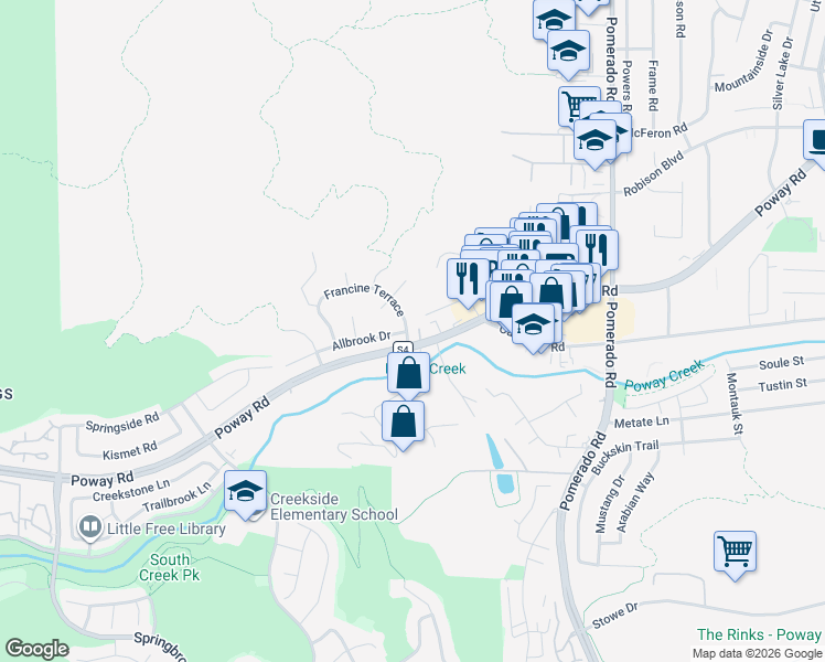 map of restaurants, bars, coffee shops, grocery stores, and more near 12948 Francine Terrace in Poway