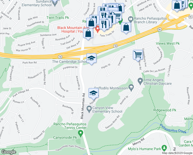 map of restaurants, bars, coffee shops, grocery stores, and more near 9309 Pipilo Street in San Diego