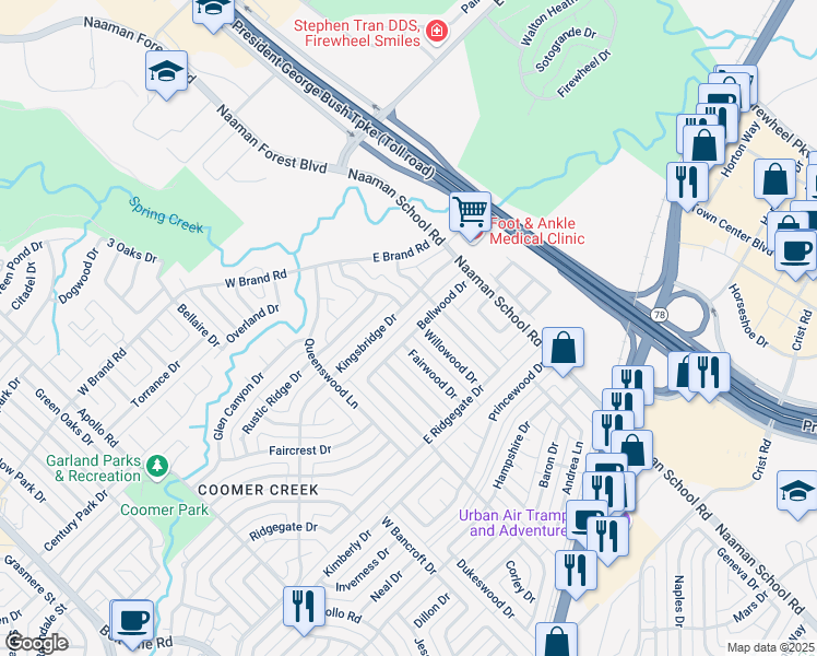map of restaurants, bars, coffee shops, grocery stores, and more near 225 Bellwood Drive in Garland