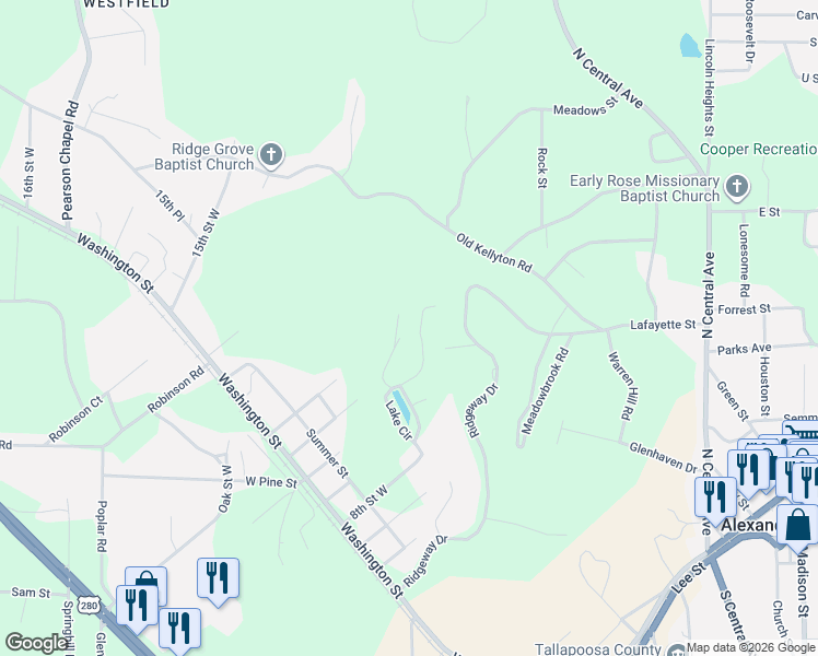 map of restaurants, bars, coffee shops, grocery stores, and more near 592 Ridgeview Drive in Alexander City