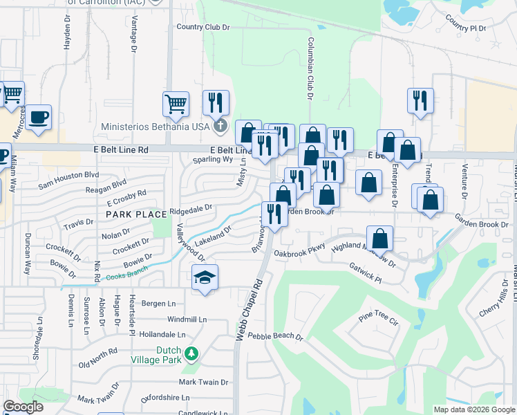map of restaurants, bars, coffee shops, grocery stores, and more near 2421 Briarwood Lane in Carrollton