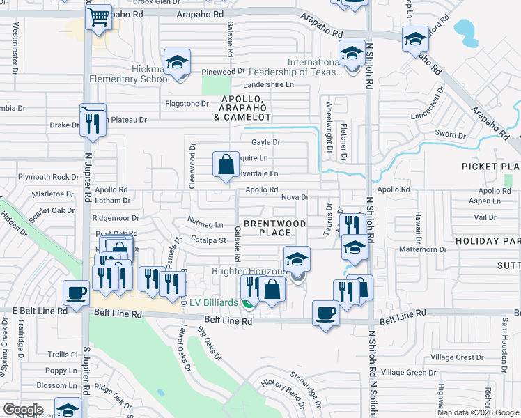 map of restaurants, bars, coffee shops, grocery stores, and more near 2924 Antares Circle in Garland