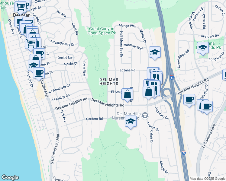map of restaurants, bars, coffee shops, grocery stores, and more near 2380 El Amigo Road in Del Mar