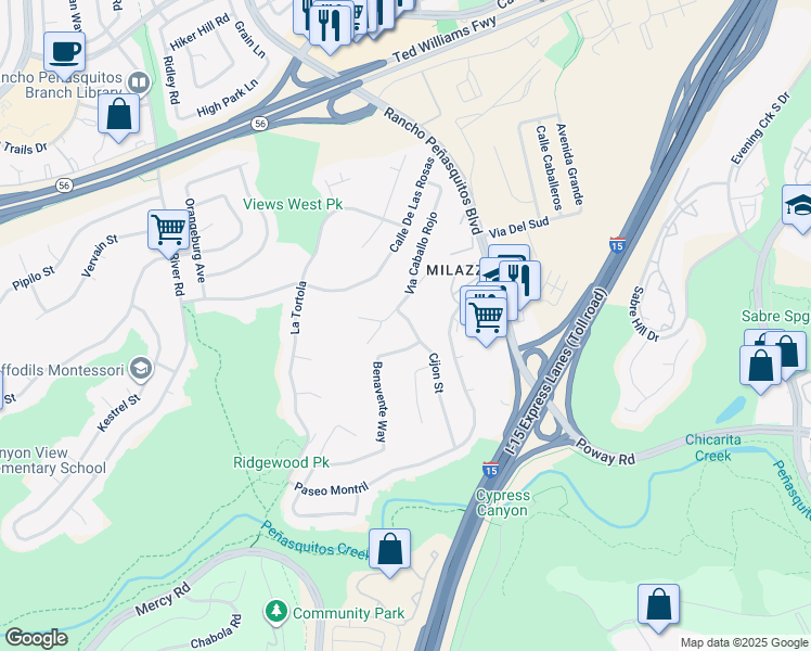 map of restaurants, bars, coffee shops, grocery stores, and more near 12846 Cijon Street in San Diego