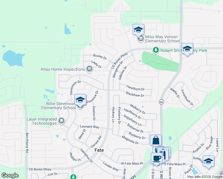 map of restaurants, bars, coffee shops, grocery stores, and more near 900 Blackhaw Street in Rockwall