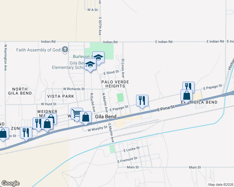map of restaurants, bars, coffee shops, grocery stores, and more near 405 North Capitol Avenue in Gila Bend