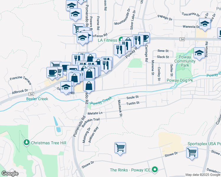 map of restaurants, bars, coffee shops, grocery stores, and more near 12580 Oak Knoll Road in Poway