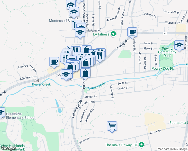 map of restaurants, bars, coffee shops, grocery stores, and more near 12430 Oak Knoll Road in Poway