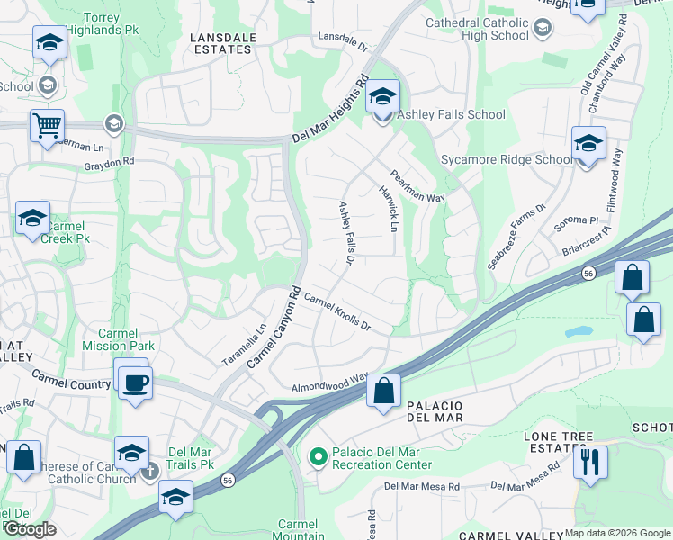 map of restaurants, bars, coffee shops, grocery stores, and more near 4888 Bradshaw Court in San Diego