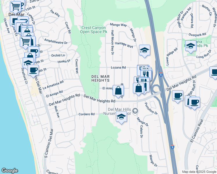 map of restaurants, bars, coffee shops, grocery stores, and more near 2380 El Amigo Road in Del Mar