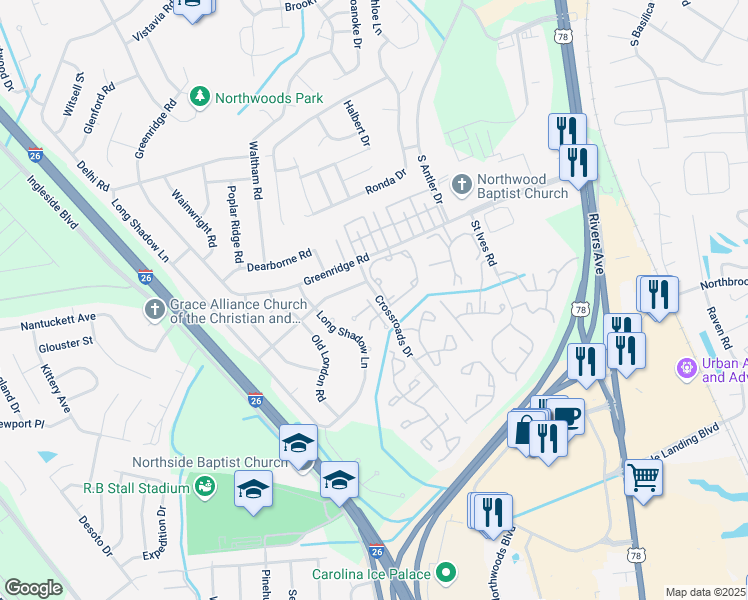 map of restaurants, bars, coffee shops, grocery stores, and more near 2420 Woodstock Avenue in North Charleston