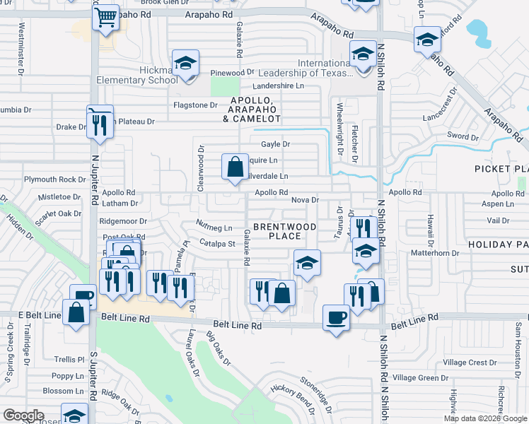 map of restaurants, bars, coffee shops, grocery stores, and more near 2918 Antares Circle in Garland