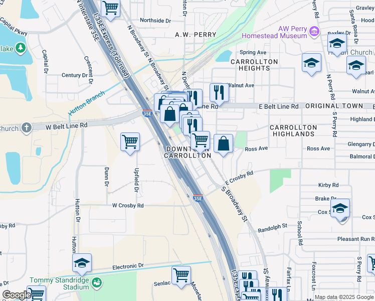 map of restaurants, bars, coffee shops, grocery stores, and more near in Carrollton