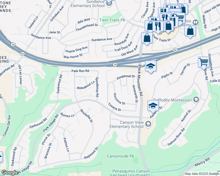 map of restaurants, bars, coffee shops, grocery stores, and more near 12943 Texana Street in San Diego