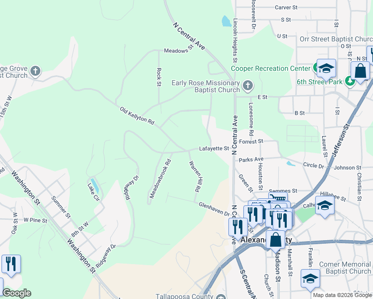 map of restaurants, bars, coffee shops, grocery stores, and more near 190 Lafayette Street in Alexander City