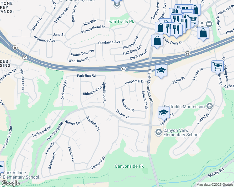 map of restaurants, bars, coffee shops, grocery stores, and more near 12943 Texana Street in San Diego
