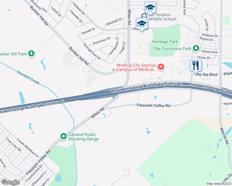 map of restaurants, bars, coffee shops, grocery stores, and more near President George Bush Turnpike in Sachse