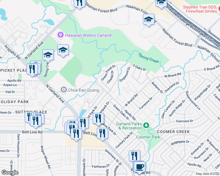 map of restaurants, bars, coffee shops, grocery stores, and more near 3701 Goose Creek Parkway in Garland