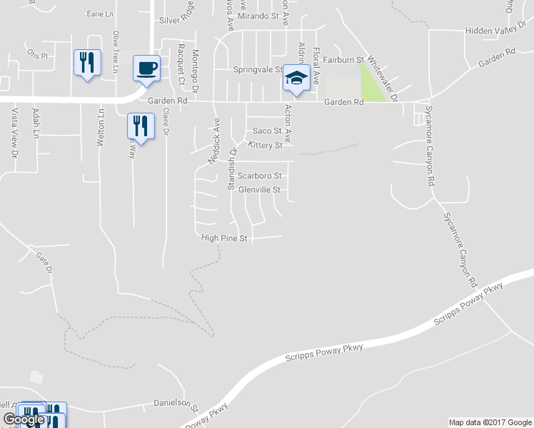 map of restaurants, bars, coffee shops, grocery stores, and more near 12901 Margate Avenue in Poway