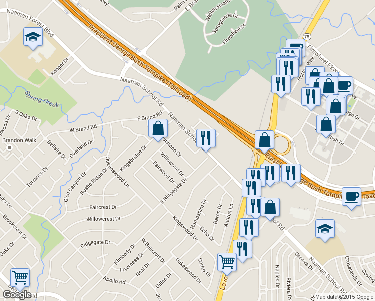 map of restaurants, bars, coffee shops, grocery stores, and more near 3629 Berrywood Circle in Garland