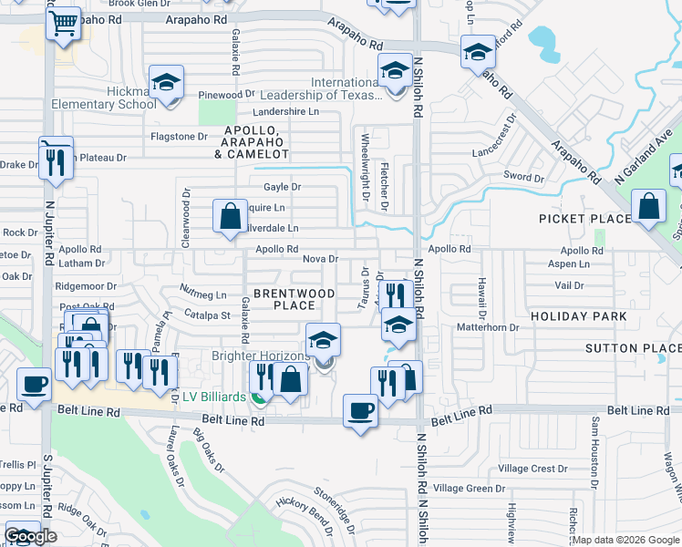 map of restaurants, bars, coffee shops, grocery stores, and more near 3706 Altair Drive in Garland