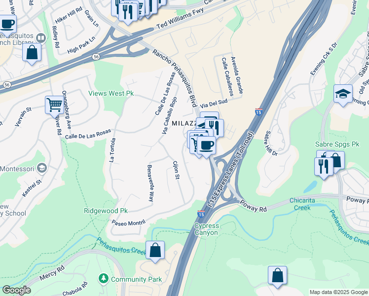 map of restaurants, bars, coffee shops, grocery stores, and more near 10025 Paseo Montril in San Diego