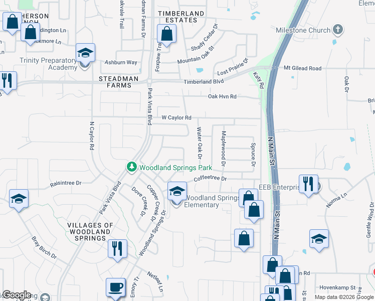 map of restaurants, bars, coffee shops, grocery stores, and more near 12336 Green Ash Drive in Fort Worth