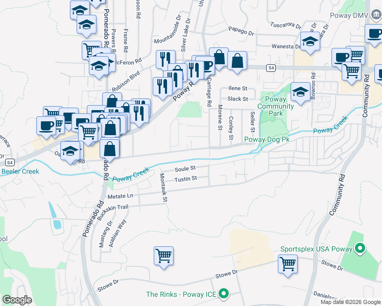 map of restaurants, bars, coffee shops, grocery stores, and more near 12709 Oak Knoll Road in Poway