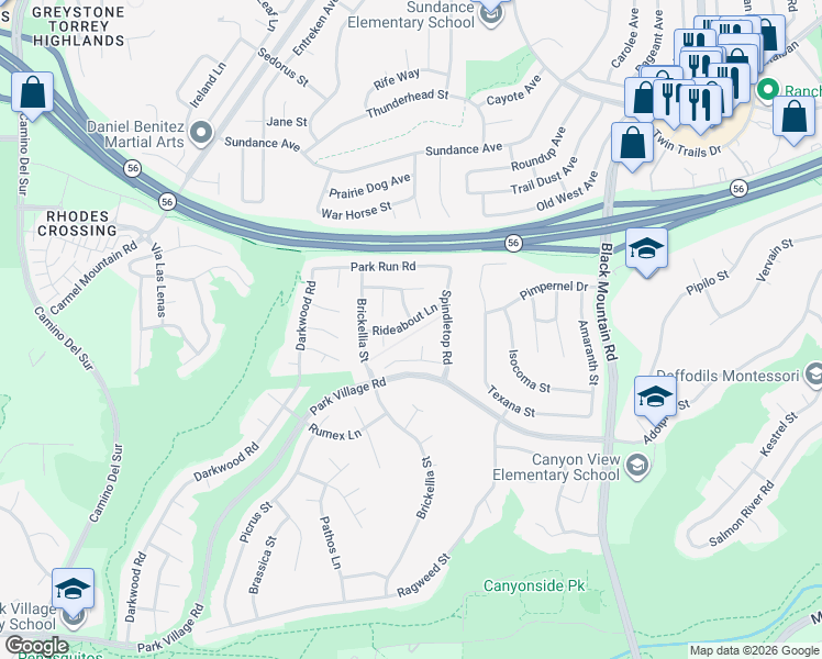 map of restaurants, bars, coffee shops, grocery stores, and more near 8665 Rideabout Lane in San Diego