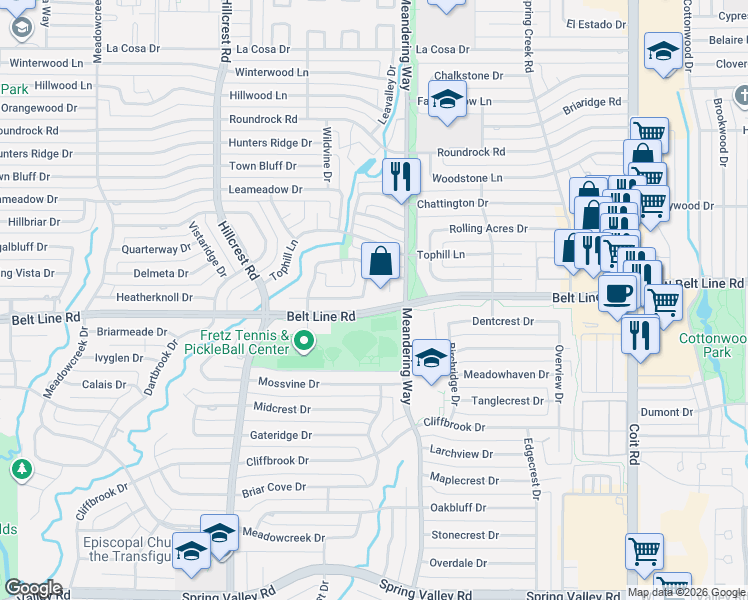 map of restaurants, bars, coffee shops, grocery stores, and more near 7262 Fernmeadow Drive in Dallas