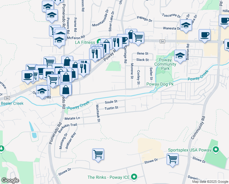 map of restaurants, bars, coffee shops, grocery stores, and more near 12709 Oak Knoll Road in Poway